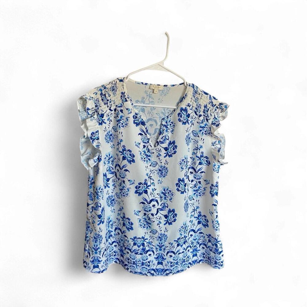 Elegant Blue Floral Blouse with Ruffle Sleeves